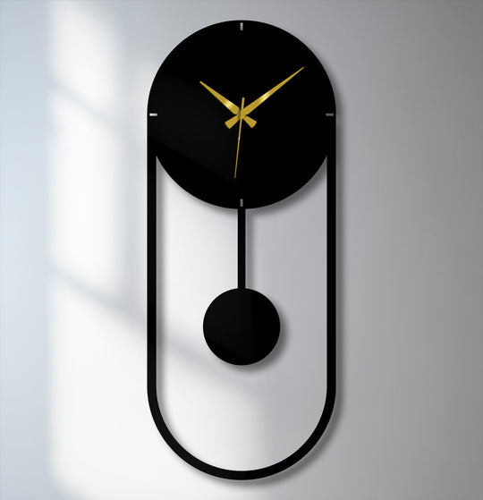 Cool tones highlight the minimalist pendulum metal wall clock, showcasing its decoration wall art style with a modern vertical frame and elegant black finish.