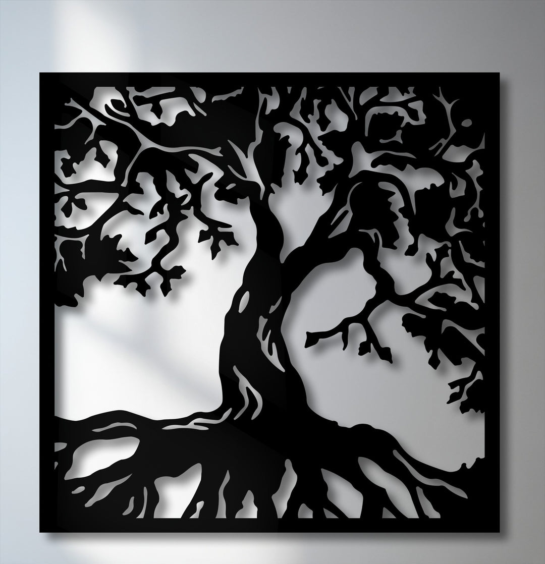 The realistic detail of this Majestic Tree Silhouette metal art for wall features intricate nature-inspired branches and prominent roots.