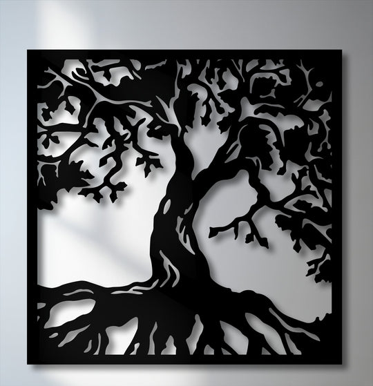 The realistic detail of this Majestic Tree Silhouette metal art for wall features intricate nature-inspired branches and prominent roots.