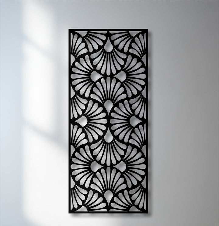 The cool color temperature highlights the intricate Art Deco fan pattern metal wall art, a stylish decoration wall art piece.