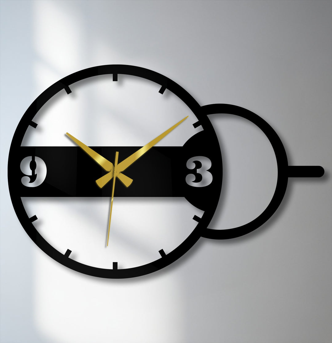 Striking, minimalist design radiates a quiet confidence from this modern geometric dual circle metal art for wall clock with its bold black and gold tones.
