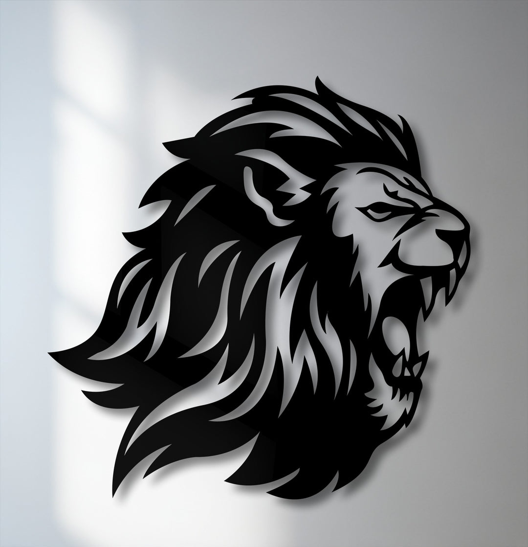 The sharp, stylized silhouette of the roaring lion head's dynamic mane and open mouth with fangs defines this bold power metal art for wall.