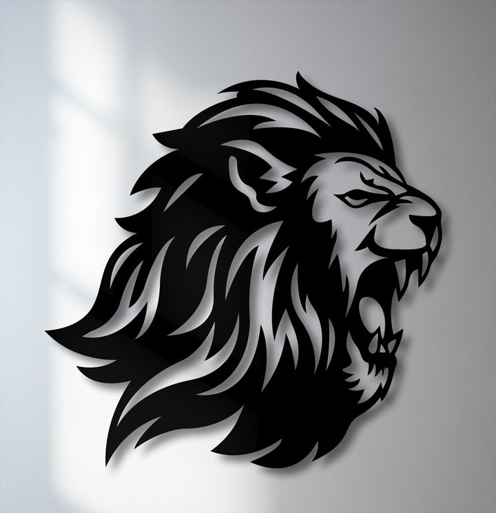 The sharp, stylized silhouette of the roaring lion head's dynamic mane and open mouth with fangs defines this bold power metal art for wall.