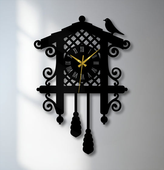 Negative space defines the ornate silhouette of this black cuckoo metal art for wall clock, highlighting its vintage bird design and elegant Roman numeral display.