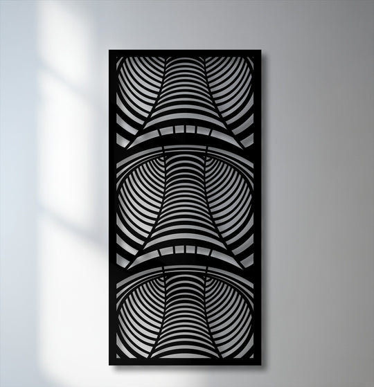 The smooth, precise surface texture of this architectural arch illusion metal artwork features sharp geometric lines creating a stunning depth design.