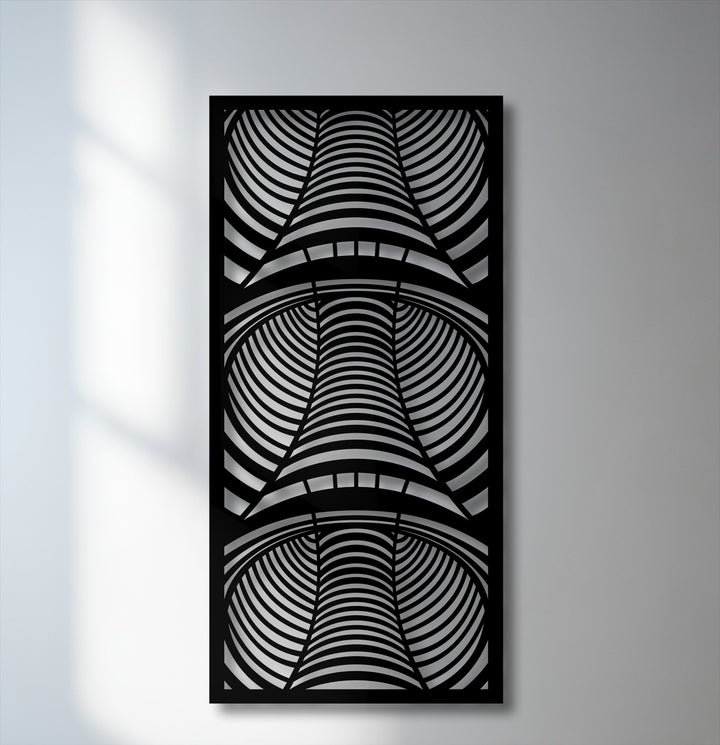 The smooth, precise surface texture of this architectural arch illusion metal artwork features sharp geometric lines creating a stunning depth design.