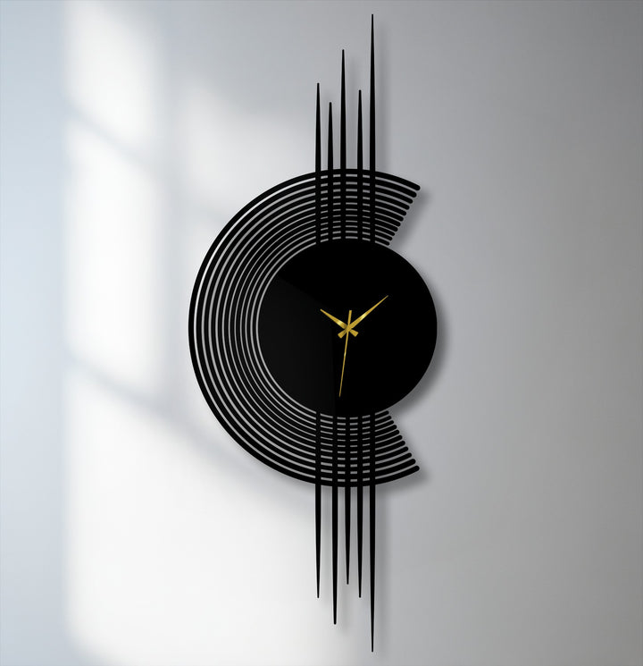 Black dominates the minimalist, modern arc line metal wall clock featuring a unique vertical design, making it a striking piece of decorative metal art.