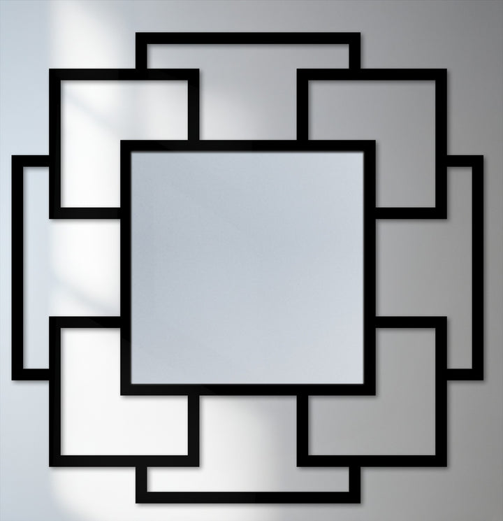 Stillness in the layered geometric shapes of this cascade squares wall mirror for wall decor, presenting a modern decorative metal art piece.
