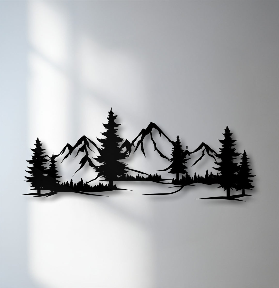A striking mountain forest panorama showcases a unique metal wall art design with layered pine trees and jagged peaks, creating a dynamic nature decor.
