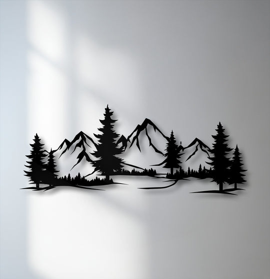 A striking mountain forest panorama showcases a unique metal wall art design with layered pine trees and jagged peaks, creating a dynamic nature decor.