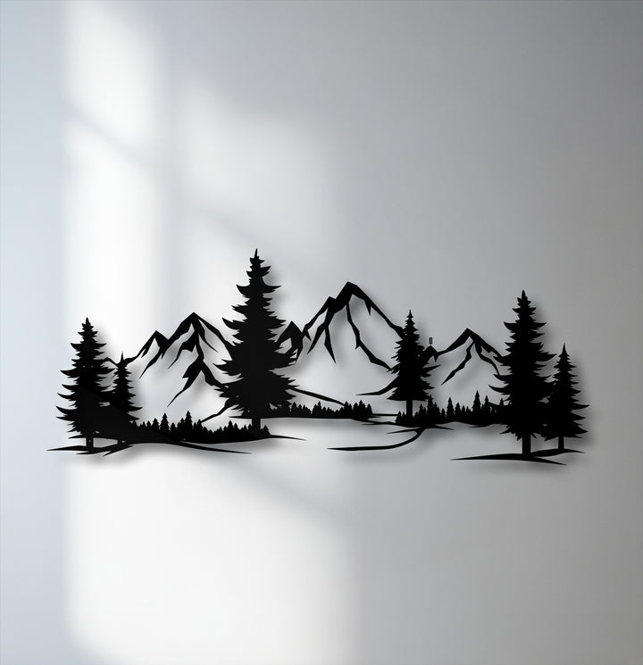 A striking mountain forest panorama showcases a unique metal wall art design with layered pine trees and jagged peaks, creating a dynamic nature decor.