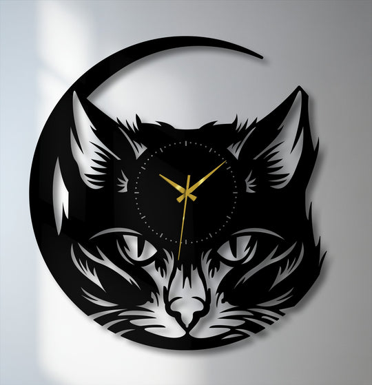Foreground highlights the sleek cutouts and modern animal design of the mystic fox face metal artwork, creating a striking wall clock.