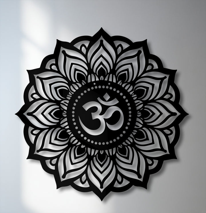 Geometric elements form intricate, layered lotus petals in this spiritual mandala, showcasing unique metal wall art with a central Om symbol.