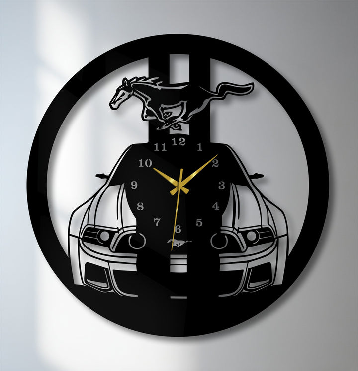 Highlighting the focal point, this metal Mustang wall clock features a unique metal wall art design with a powerful muscle car silhouette and a striking running horse emblem.