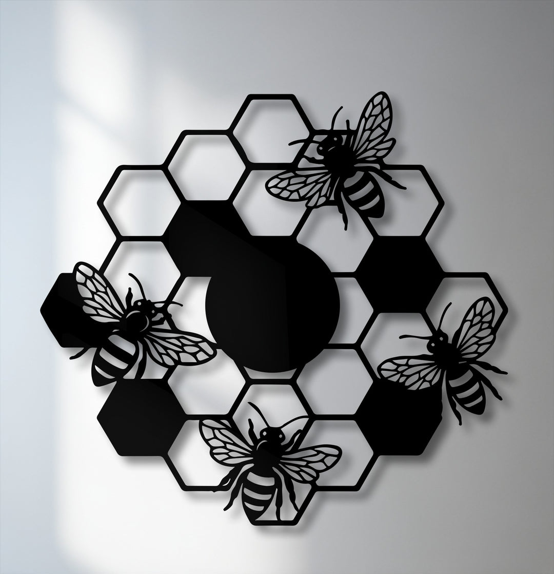 The visual rhythm of this honeycomb bees metal art for wall is created by the repeating hexagonal cells and the four silhouetted bees.