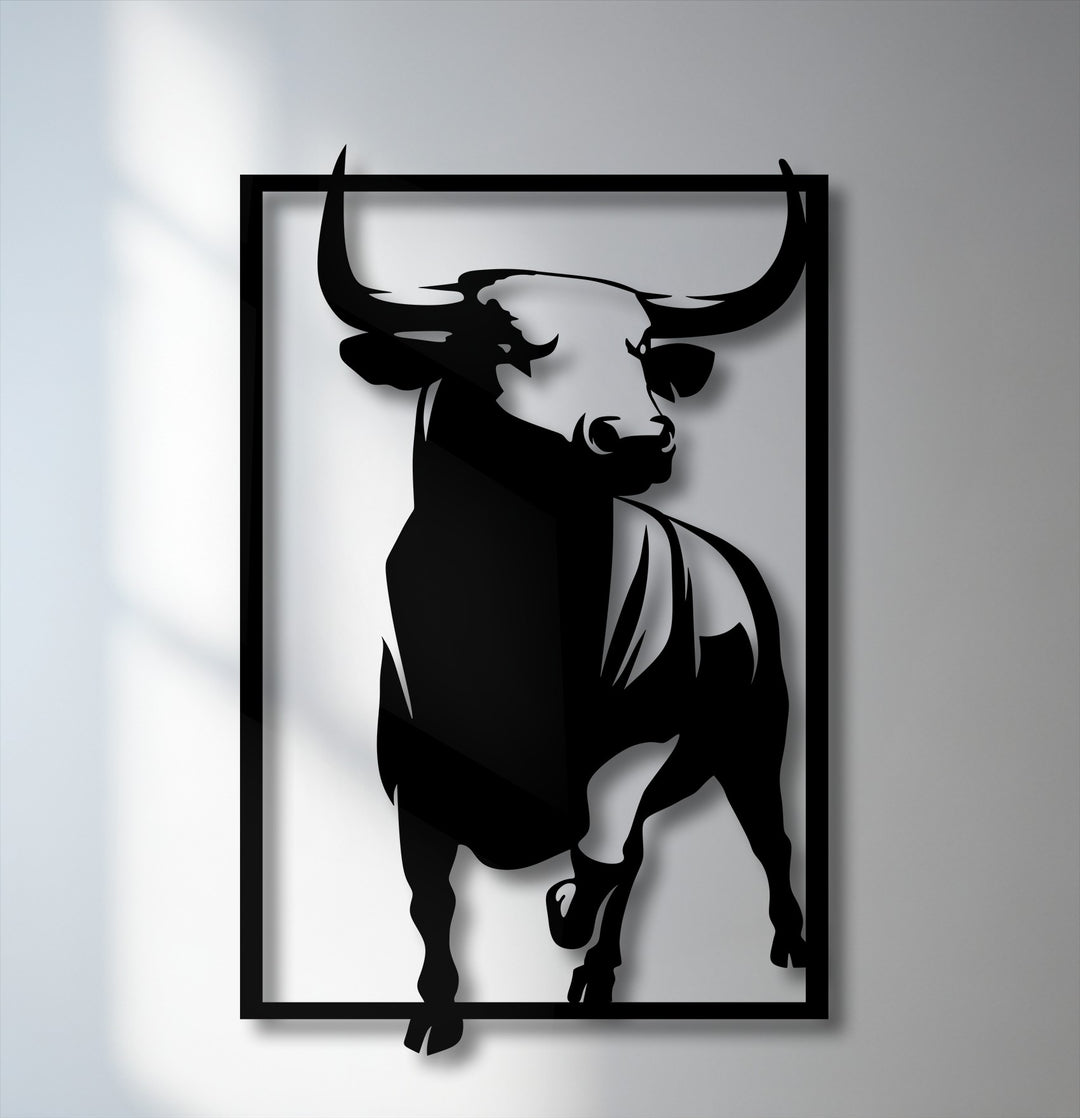 The luminous white sections on the bull's head and the bright wall illuminate this powerful bull metal wall art, a striking decoration wall art.