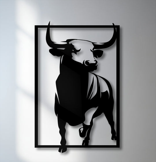 The luminous white sections on the bull's head and the bright wall illuminate this powerful bull metal wall art, a striking decoration wall art.