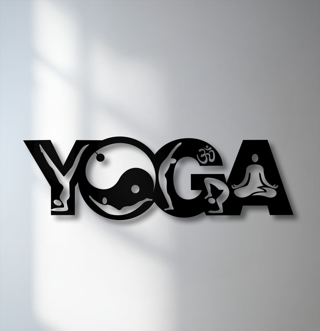The loudest element is this captivating Yoga Balance Flow metal artwork, featuring stylized yoga poses, a calming yin-yang, and Om symbol.