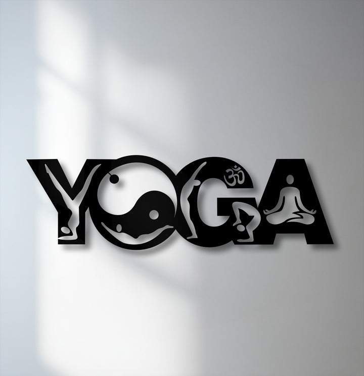 The loudest element is this captivating Yoga Balance Flow metal artwork, featuring stylized yoga poses, a calming yin-yang, and Om symbol.