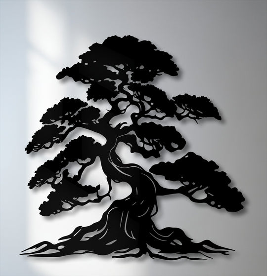 The focal point highlights a timeless bonsai tree silhouette, an intricate nature-inspired metal decoration wall art piece.