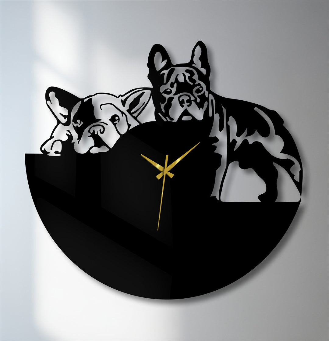 Neutral color temperature highlights the bulldog duo metal artwork on this wall clock, creating a sleek contrast with its gold hands.