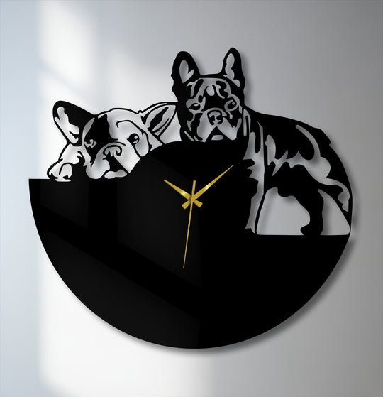 Neutral color temperature highlights the bulldog duo metal artwork on this wall clock, creating a sleek contrast with its gold hands.