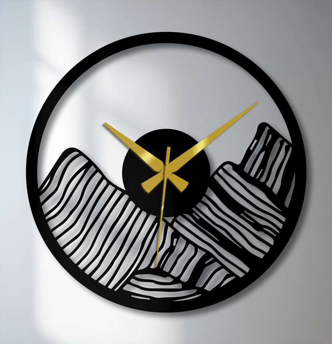 Finished in sleek black, this modern canyon landscape metal wall clock offers a striking silhouette effect as a unique metal wall art piece.