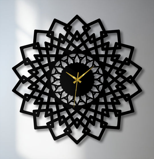 Subtle shadows emphasize the soft, symmetrical design of the intricate mandala geometry unique metal wall art clock, highlighting its silent movement and geometric precision.