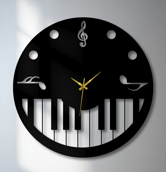 The metal wall clock boasts a sleek matte black finish, accented by reflective piano keys and notes for unique decoration wall art.