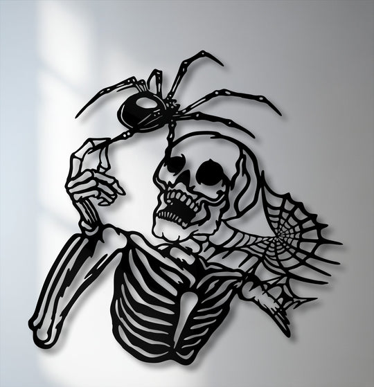 The dramatic silhouette of a Gothic skeleton holding an intricate spider, complete with a web on its shoulder, forms a unique metal wall art piece.