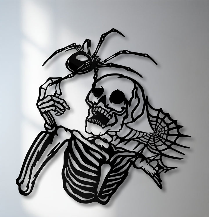 The dramatic silhouette of a Gothic skeleton holding an intricate spider, complete with a web on its shoulder, forms a unique metal wall art piece.