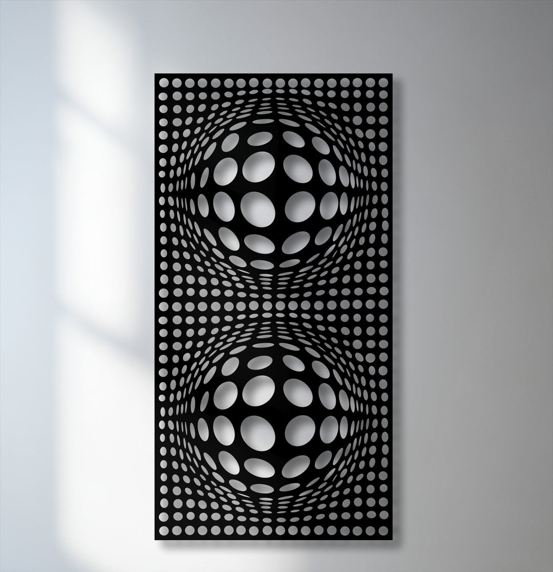 This hypnotic black metal decoration wall art masterfully uses layered dot patterns to create an immersive optical illusion of impressive depth.