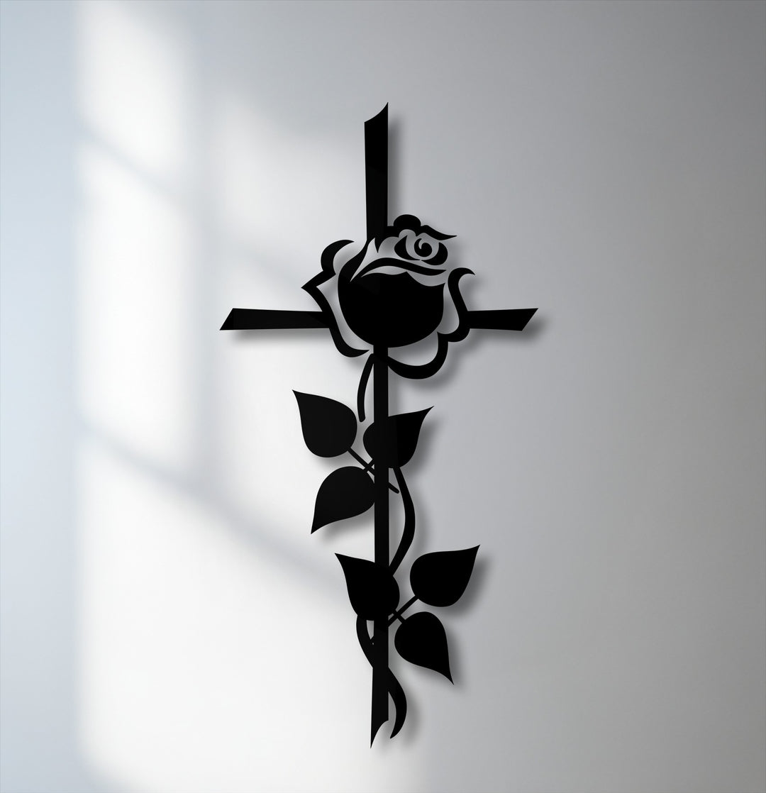 The softest element, delicate rose petals, and a graceful vine entwine a cross in this spiritual floral metal art for wall.