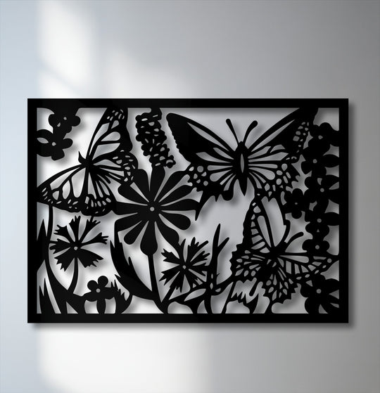 Showcasing superior material quality, this sleek metal art for wall features a precision-cut butterfly and floral silhouette panel.