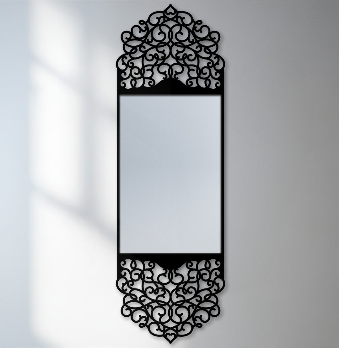 The central subject is a decorative mirror featuring an ornate arabesque arch frame crafted with an elegant black metal design, perfect as decoration wall art.