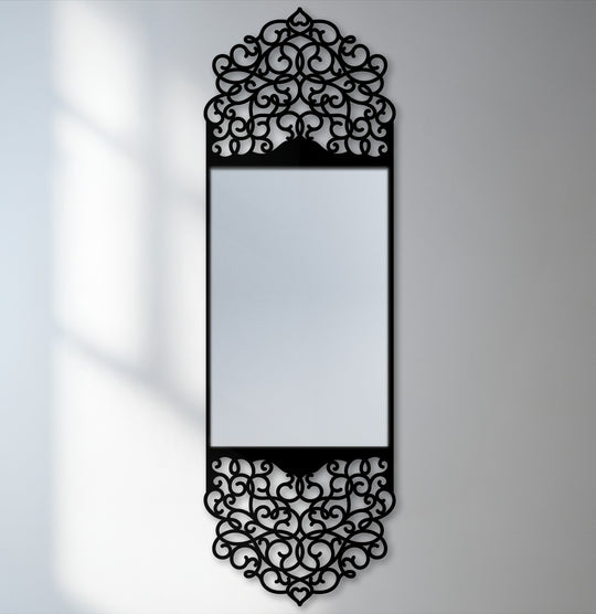 The central subject is a decorative mirror featuring an ornate arabesque arch frame crafted with an elegant black metal design, perfect as decoration wall art.