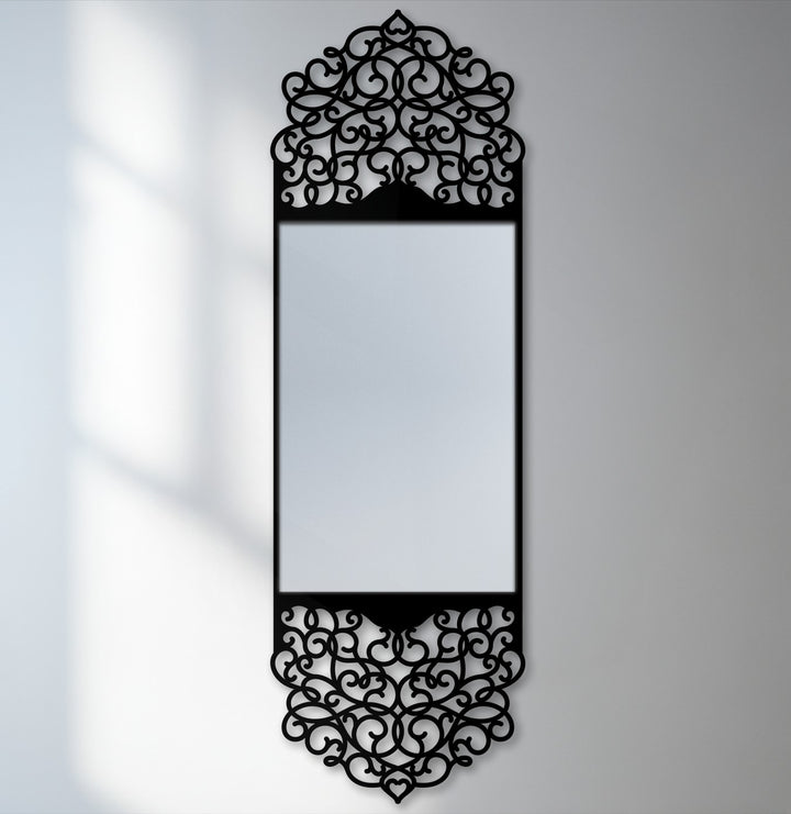 The central subject is a decorative mirror featuring an ornate arabesque arch frame crafted with an elegant black metal design, perfect as decoration wall art.