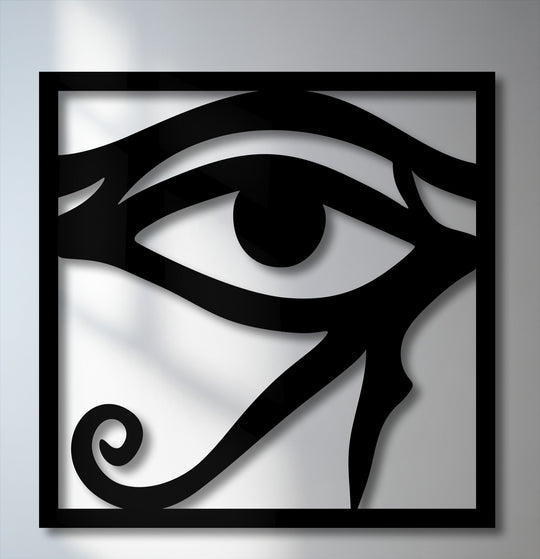 The Eye of Horus decorative metal art features a cool-toned, muted grayscale palette, creating striking depth and contrast.