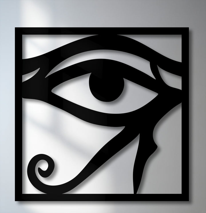 The Eye of Horus decorative metal art features a cool-toned, muted grayscale palette, creating striking depth and contrast.
