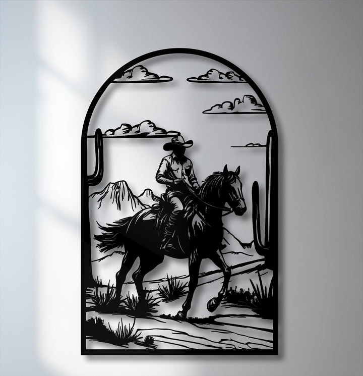 With stark black and white color saturation, this striking Desert Cowboy Ride metal artwork depicts a western silhouette scene.