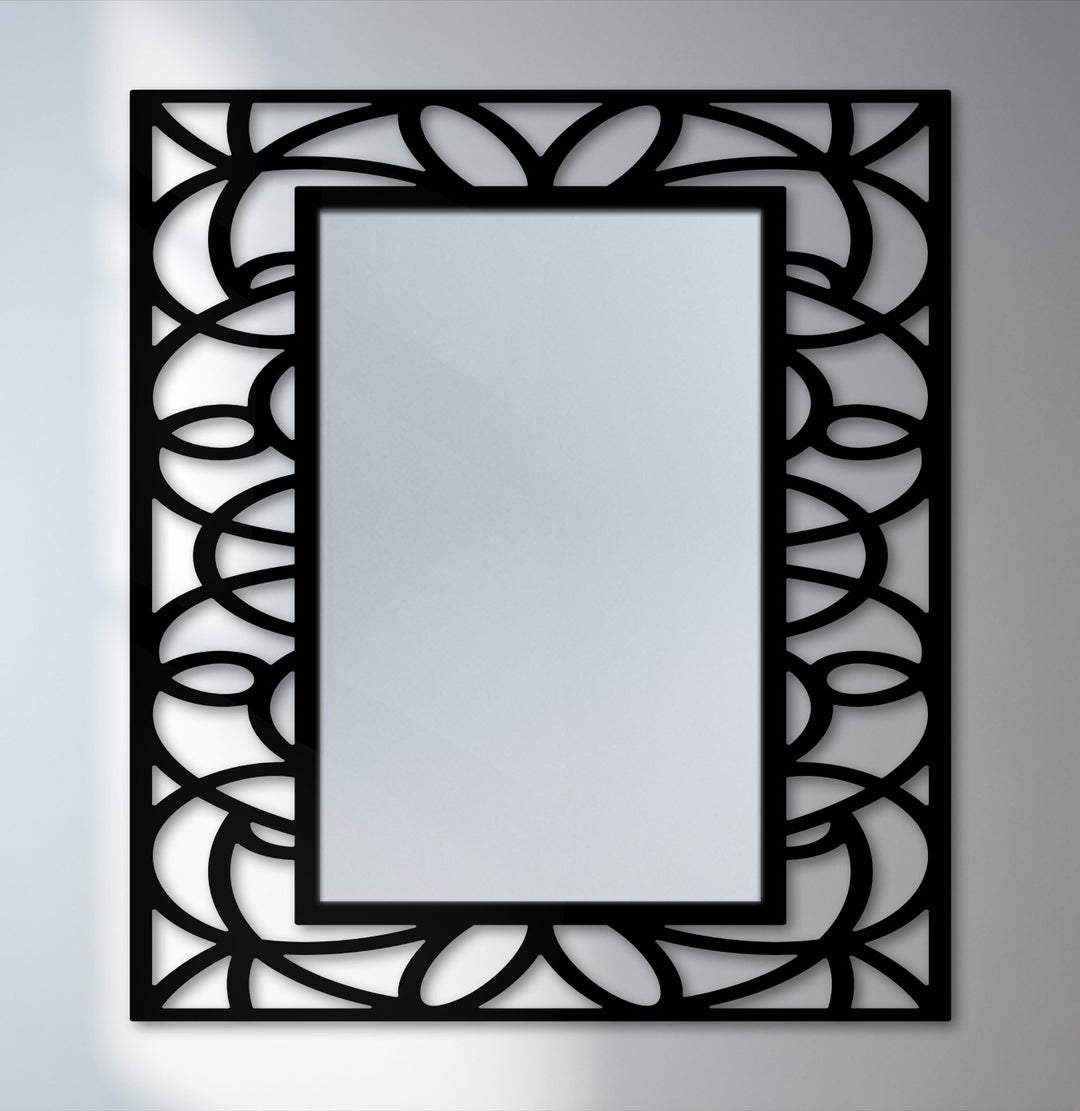 Visual rhythm of the symmetrical floral geometry frame creates a modern decorative metal art border around this stylish floor mirror for wall decor.