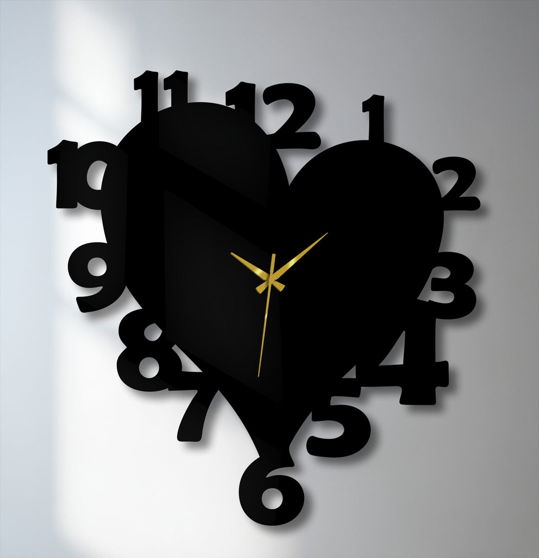 The central subject is a sleek black heart shape number metal wall clock with golden hands, serving as stylish decoration wall art.