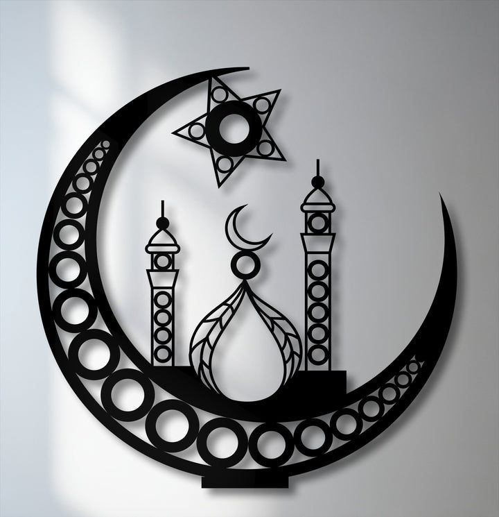The premium craftsmanship of this Islamic crescent moon mosque metal art for wall is evident in its precise laser-cut details and sturdy construction.