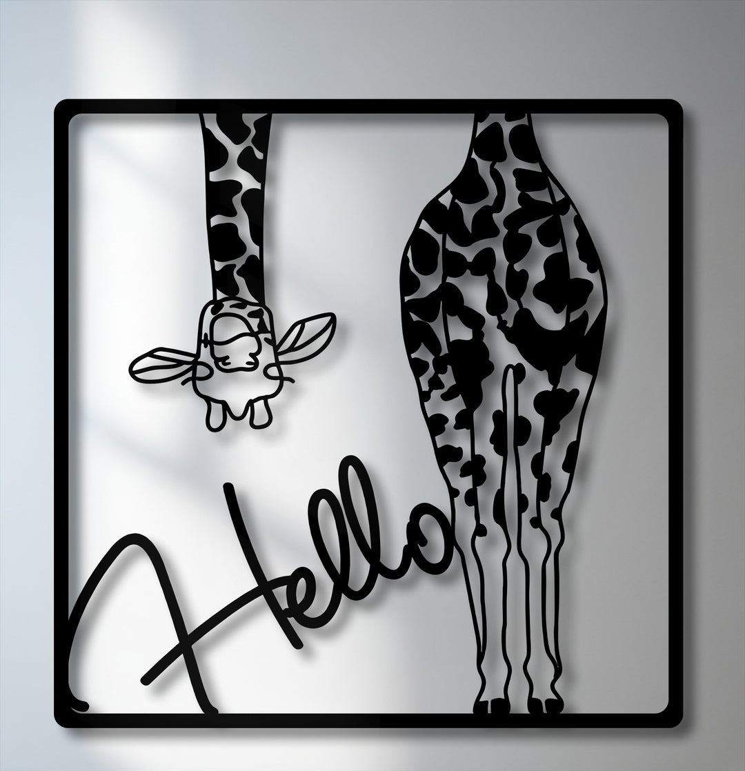 The black metal art for wall of a playful giraffe and 'Hello' text shows a strong color transition against the bright, shadowed backdrop.