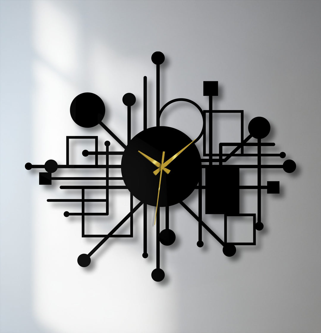 Light and shadow play across this abstract network metal wall clock, creating a striking display of modern geometric lines in unique metal wall decor.