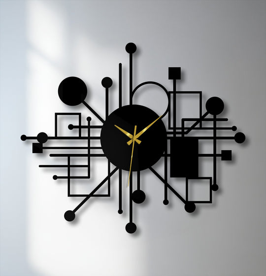 Light and shadow play across this abstract network metal wall clock, creating a striking display of modern geometric lines in unique metal wall decor.
