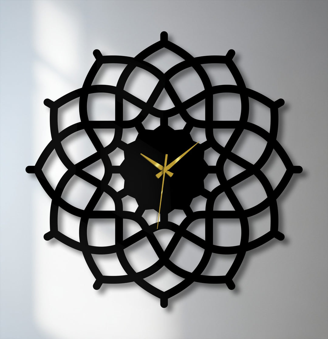 Smooth, matte black decorative metal art finish on the geometric mandala metal wall clock, highlighting the symmetrical abstract design and enhancing its modern appeal.