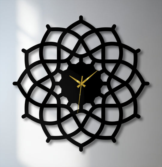 Smooth, matte black decorative metal art finish on the geometric mandala metal wall clock, highlighting the symmetrical abstract design and enhancing its modern appeal.