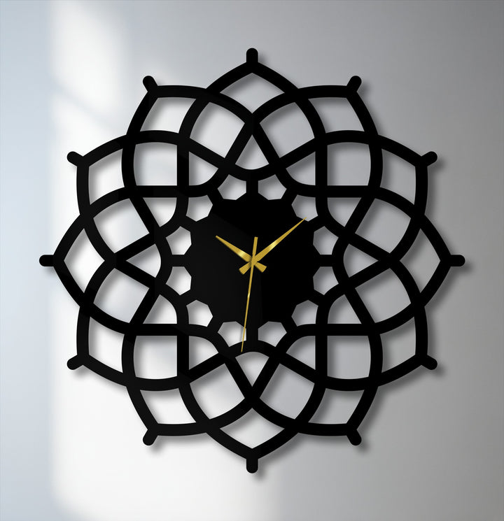 Smooth, matte black decorative metal art finish on the geometric mandala metal wall clock, highlighting the symmetrical abstract design and enhancing its modern appeal.