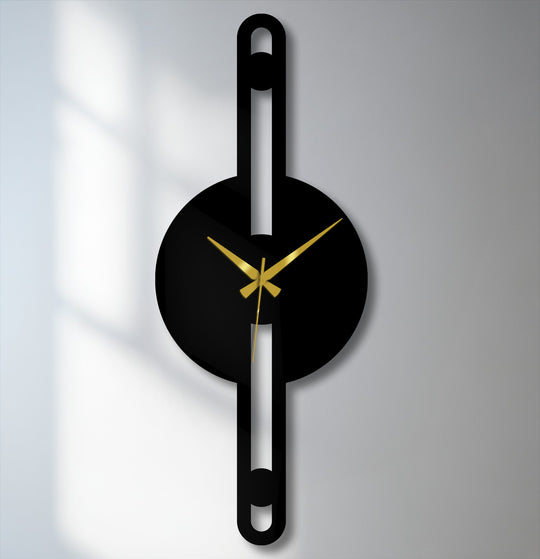 A soft, diffused light graces the textured background, creating an elegant contrast against the minimalist vertical line metal wall decor clock.